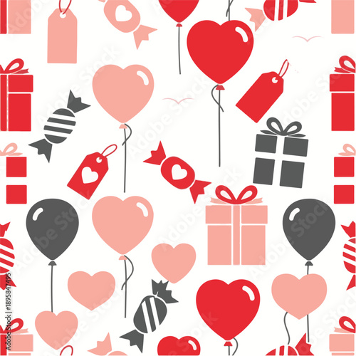Valentine Celebration Seamless Pattern with Heart Balloons Gifts and Candy