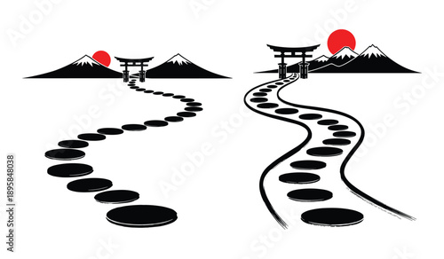 Japanese Stepping Stone Path To Torii Gate And Mountains Illustration drawing black and white