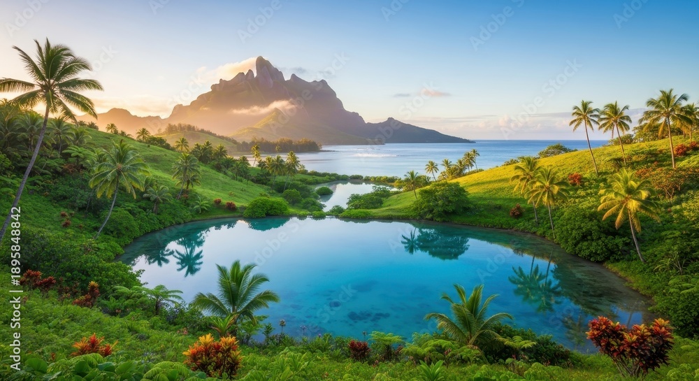 Fototapeta premium Bora Bora Island Paradise - Tranquil Lagoon and Mountain View.