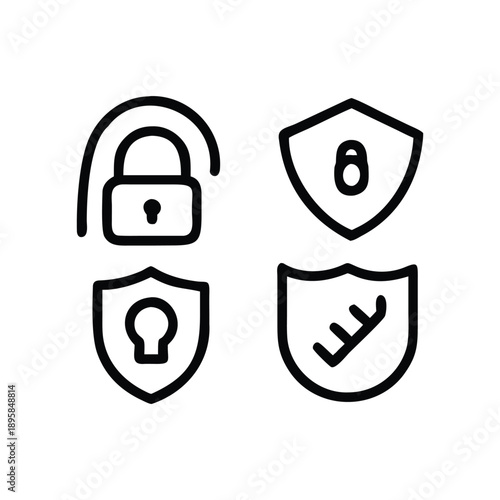 Professional Cybersecurity Icon Set Featuring Padlock Shield and Fingerprint Symbols