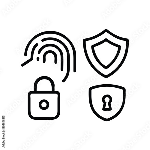 Professional Cybersecurity Icon Set Featuring Padlock Shield and Fingerprint Symbols