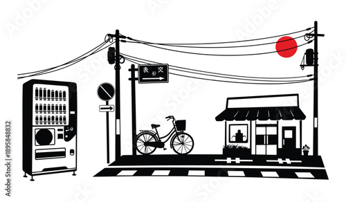 Japanese Street Scene with Vending Machine Bicycle and Shop Silhouette Keywords: vending machine, bicycle, shop, street, road, traffic light, power lines, street lamp, sign, Japanese characters