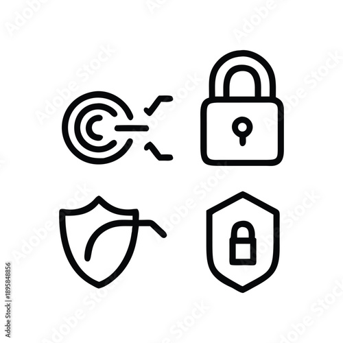 Professional Cybersecurity Icon Set Featuring Padlock Shield and Fingerprint Symbols