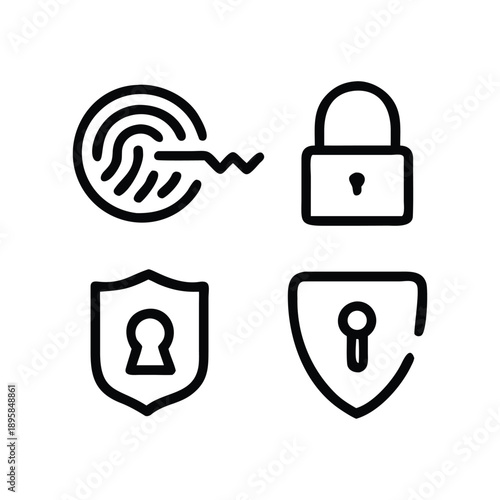Professional Cybersecurity Icon Set Featuring Padlock Shield and Fingerprint Symbols