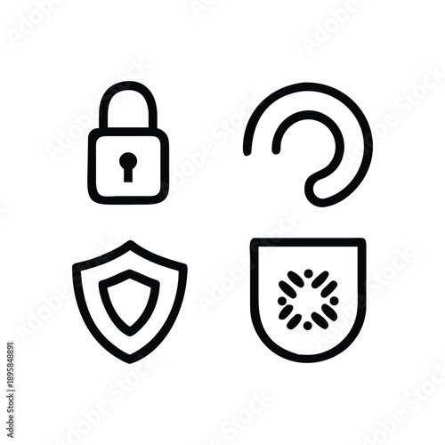 Professional Cybersecurity Icon Set Featuring Padlock Shield and Fingerprint Symbols