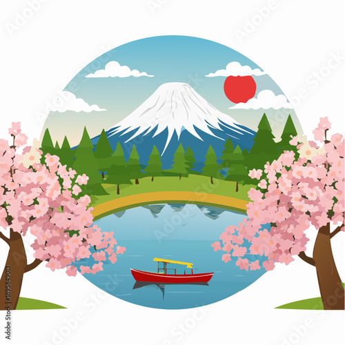 湖面に映る桜富士と遊覧船