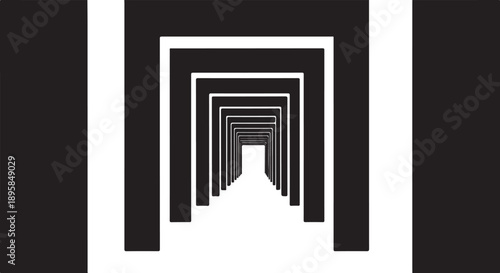 Monochromatic geometric tunnel with white and black layers forming perspective