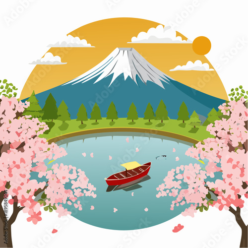 湖面に映る桜富士と遊覧船