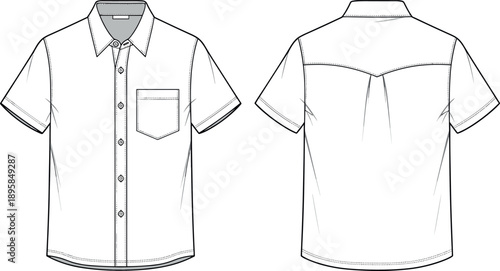 Men's Short Sleeve Button Down Shirt Technical Flat Sketch Vector Illustration Mockup Template Front and Back View