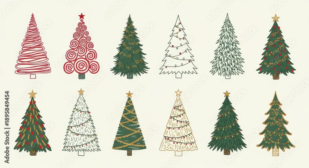 Obraz premium Collection of twelve distinct artistic holiday evergreen representations arranged in two rows.