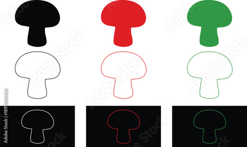 Mushroom Vector Icon Set, Minimalist Fungus Silhouettes and Outlines in Three Colors