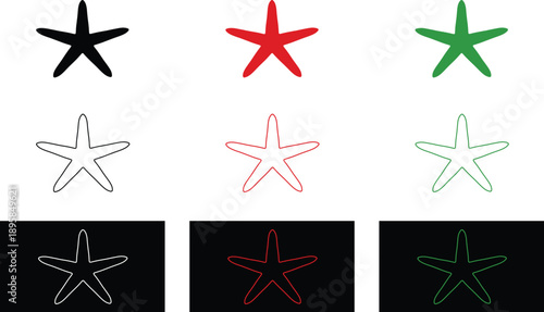 Starfish Vector Icon Set, Minimalist Sea Star Silhouettes and Outlines in Multiple Colors