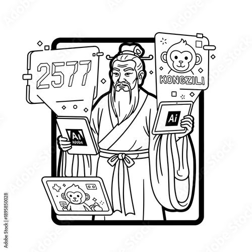 out line 2577 Kongzili Futuristic Tribal Mask Character Illustration