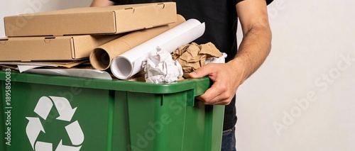 Person holding green recycling box filled with cardboard and paper waste, representing recycling activity, waste management, circular economy, and sustainable environmental practices.