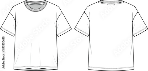 Oversized T-Shirt Technical Fashion Illustration with Drop Shoulder and Crew Neck Flat Sketch Vector Template