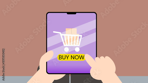 A tablet screen shows a shopping cart illustration and a bright Buy Now button, conveying online shopping, e-commerce, and immediate purchasing on a handheld device.