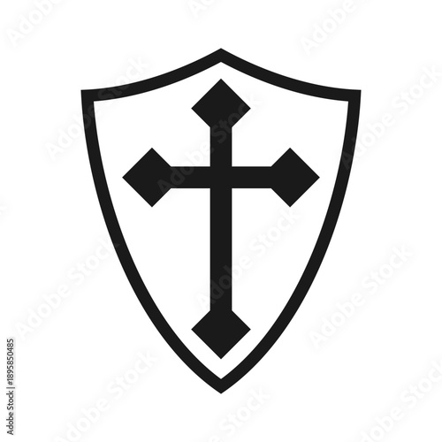 Shield with cross icon. Coat of arms christianity symbol. Heraldry crusade logo sign. Vector illustration image.
