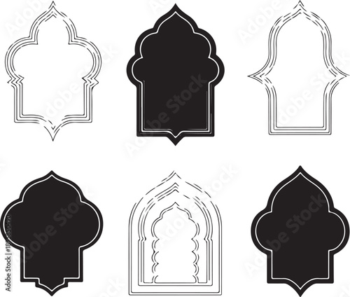 Islamic arch shapes and designs in black and white