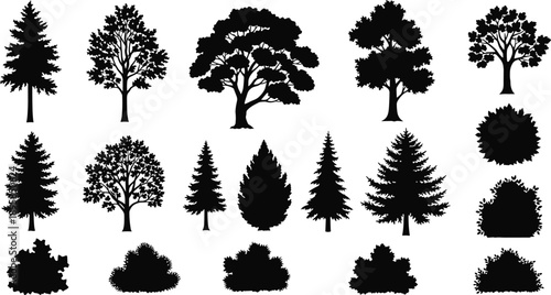 Black tree and bush silhouette collection featuring pine, forest and ornamental plants on white background, nature vector elements set