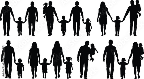 Family parent child silhouette walking set, father mother kids together love care lifestyle people illustration isolated black design bundle