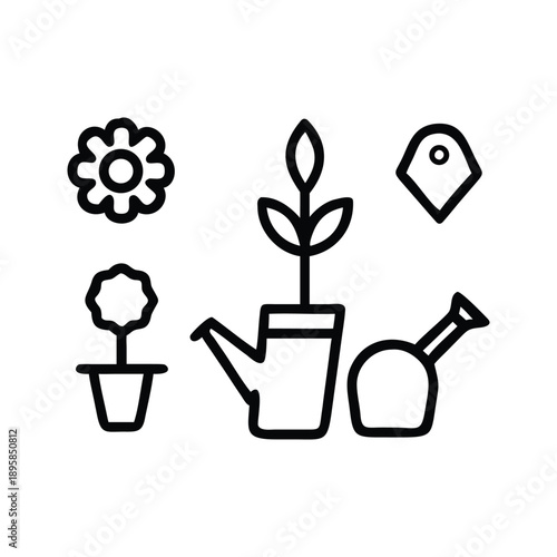 Professional Gardening Icon Set Featuring Watering Can Shovel and Pot