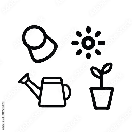 Professional Gardening Icon Set Featuring Watering Can Shovel and Pot