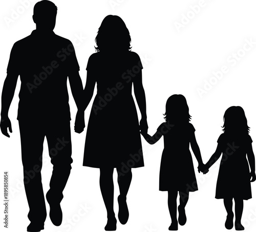 Family walking hand in hand silhouettes illustration, parents with two children together love care black white vector design template