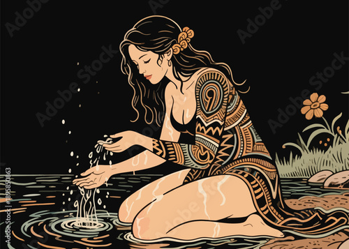 Beautiful Woman in the River Illustrator Artwork Creative Design Template 