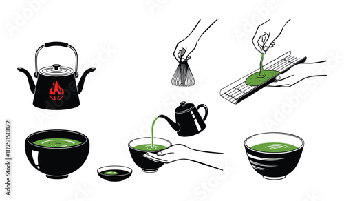 Matcha Tea Ceremony Preparation Kettle Bowls Bamboo Mat japanese tea green tea