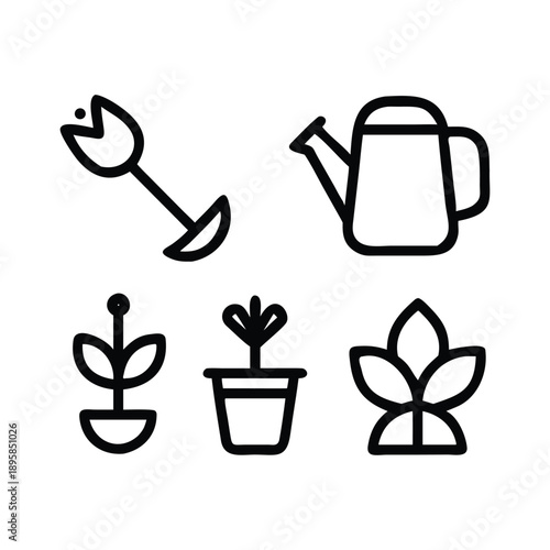Professional Gardening Icon Set Featuring Watering Can Shovel and Pot
