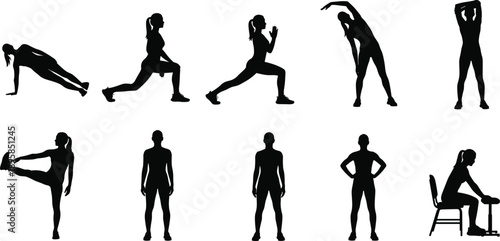 Fitness stretching silhouette collection set, woman workout warm up exercises bundle, healthy lifestyle training illustration isolated black design concept