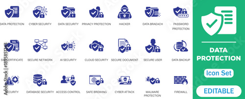 Data protection icon set. Featuring cybersecurity, data security, privacy protection, encryption, cloud security, firewall, AI security, secure network and more icons. perfect vector icon collection.