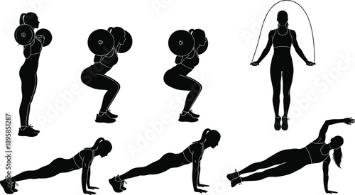 Fitness woman silhouette workout set, strength training exercises, gym routine collection, healthy lifestyle sport activity, bodyweight training illustration concept