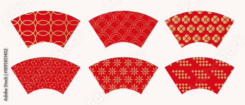 Festive set differents chinese fans with traditional patterns for decor holidays Red and golgden colors Vector icon art illustration