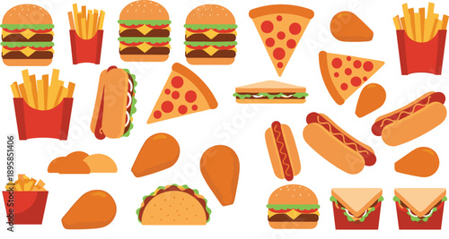 Flat Fast Food Icon Set With Burgers Pizza Hot Dogs Fries Sandwiches And Snacks In Bright Color Style Isolated On White Background