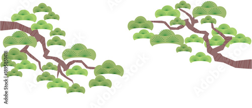 Stylized Trees flat bonsai set. Plants, landscape design, Pine tree silhouettes, succulent, privacy shrub, lawn grass, flowers for garden store,Art japanese background icons vector illustrations