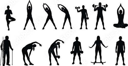 Fitness yoga sport silhouette collection, workout exercise poses set, strength training healthy lifestyle people activity illustration bundle concept design