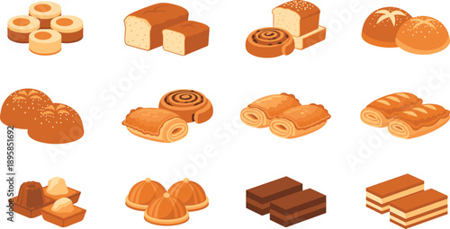 Flat Bakery Bread And Pastry Collection With Loaves Rolls Buns Sweet Desserts And Baked Food Icons In Warm Orange Color Style Isolated On White Background