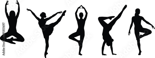 Gymnast yoga dancer silhouettes set, female fitness balance poses illustration, stretching flexibility training black white vector sports collection design template