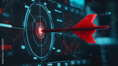 A red dart hitting the bullseye of a futuristic digital target with glowing blue and red interface elements in a dark setting.