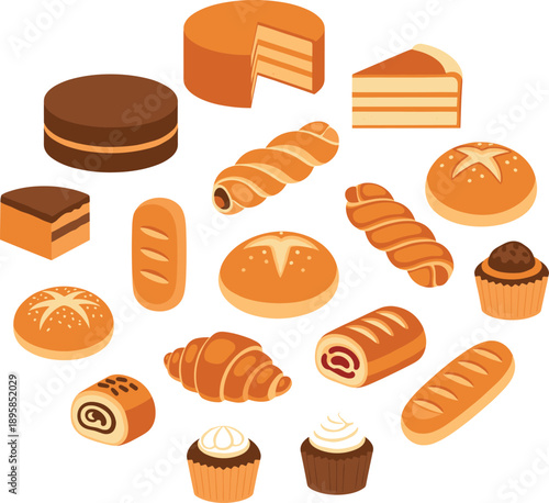 Flat Bakery And Pastry Icon Set With Cakes Croissants Breads Rolls And Sweet Desserts In Warm Orange Color Style Isolated On White Background