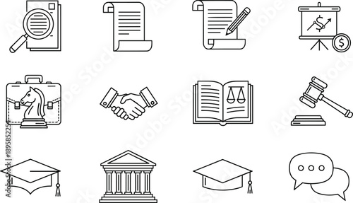 Law education business line icons set, legal document justice gavel handshake strategy finance university outline vector illustration collection design