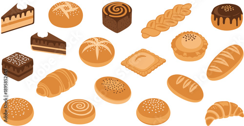 Flat Bakery And Pastry Icon Set Featuring Cakes Bread Croissants Buns And Sweet Desserts In Warm Color Palette Isolated On White Background