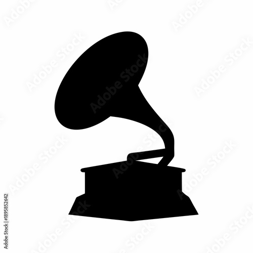 Black silhouette of antique gramophone or phonograph against a white background