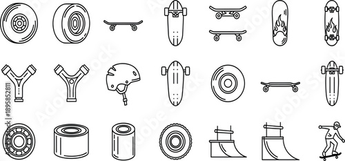 Comprehensive black line icon collection of skateboards, longboards, protective helmets, wheels, bearings, skate park ramps, and urban street skating equipment for extreme sports design.