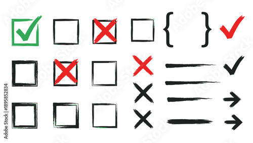 Large set of hand-drawn checkmarks, crosses, and frames provides a versatile collection of elements for checklists and forms.