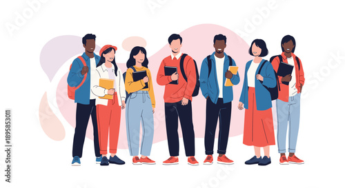 Diverse group of happy university students standing together with their backpacks and books ready for their college classes.