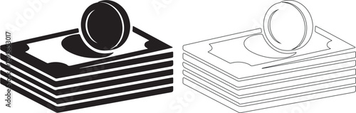 Black Vector Icons: Stack of Money Banknotes with Coin, Solid and Outline Style isolated PNG with Transparent Background