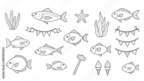 Selection of nautical and summer themed illustrations like fish, starfish, and bunting in a clean line art style.