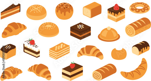 Flat Bakery Desserts And Pastry Collection With Cakes Croissants Donuts Rolls And Sweet Baked Food Icons Isolated On White Background